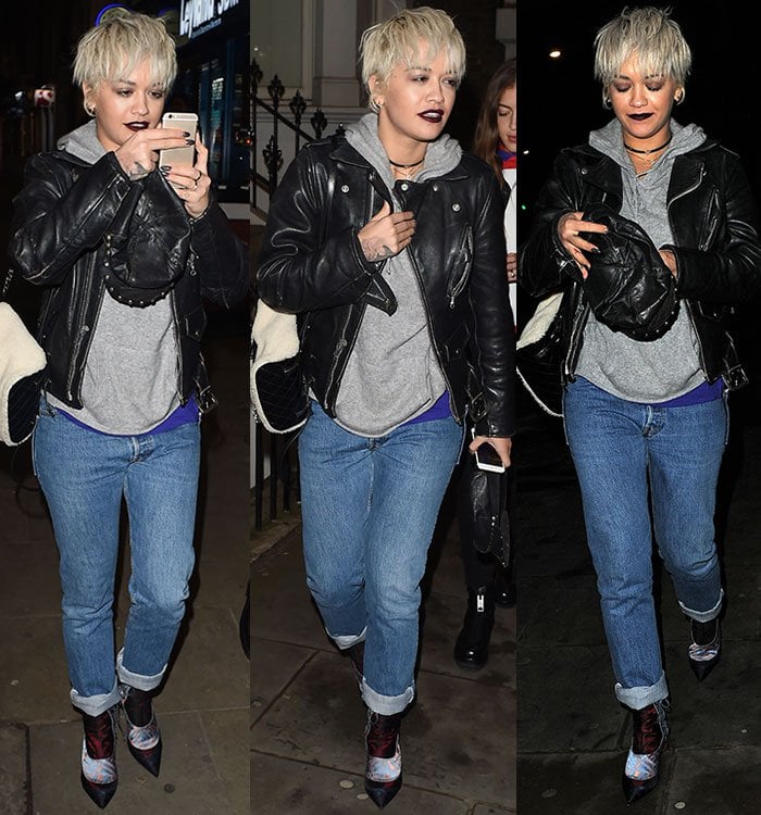 Rita Ora cuffs her jeans over a pair of pointed-toe pumps