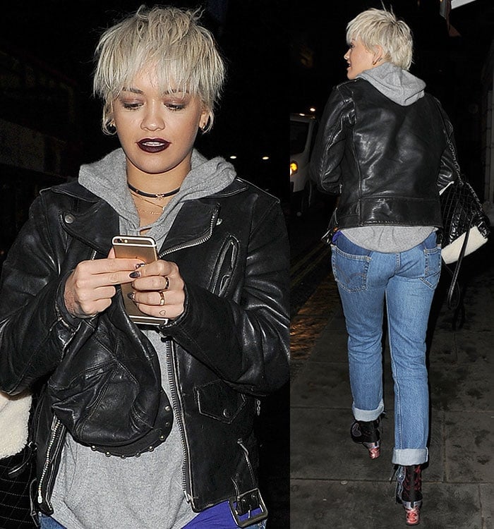 Rita Ora wears cuffed ripped jeans on a night out in London
