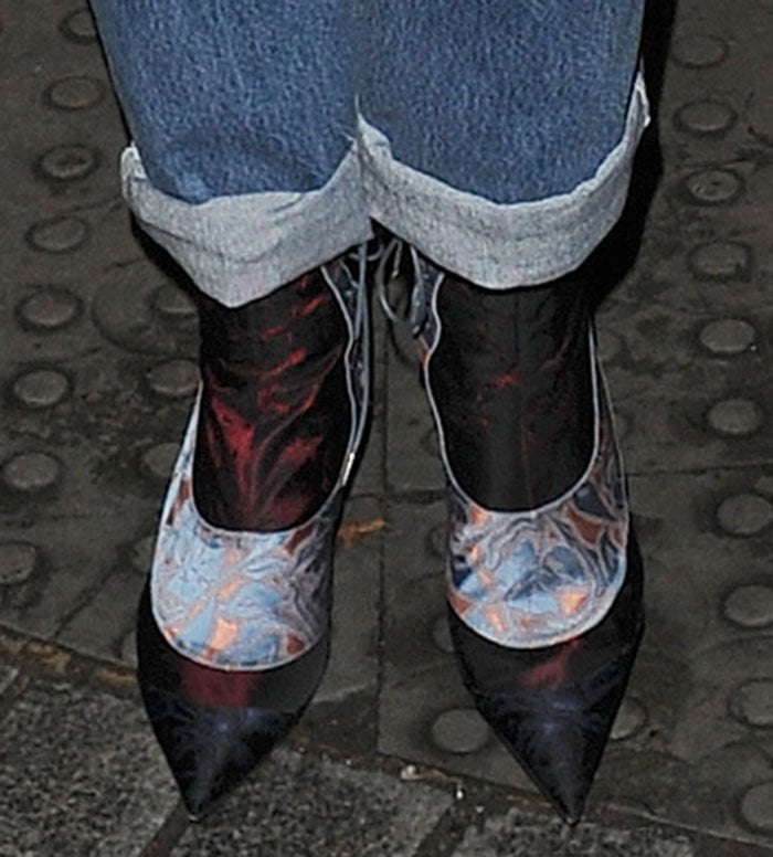 Rita Ora's feet in velvet pointed-toe pumps