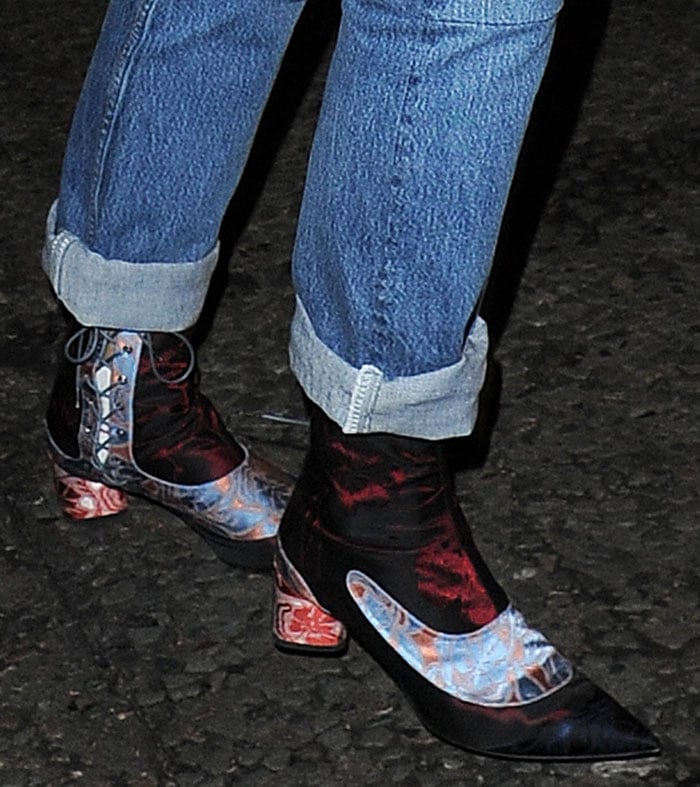 Rita Ora wears ugly printed pointy-toe booties