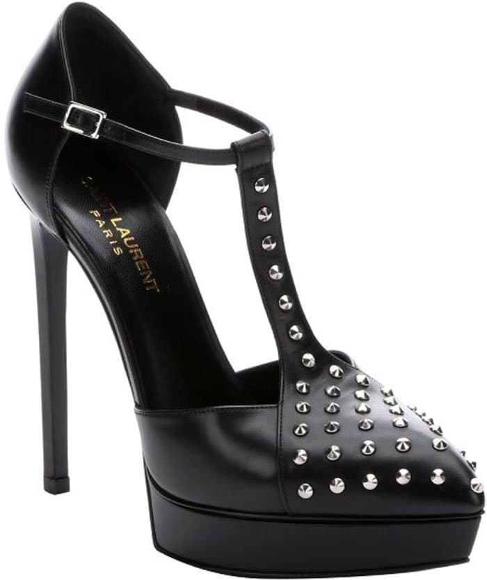 Saint Laurent Black Leather "Janis" T-Strap Studded Pumps