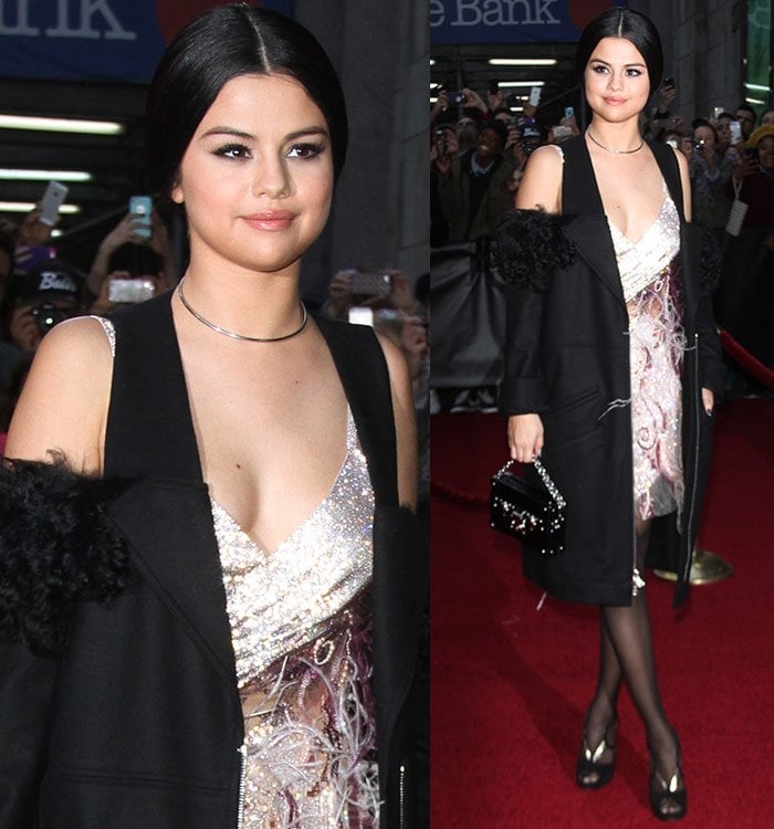 Selena Gomez with smoky eyeshadow and glossy pink lipstick