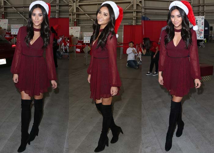 Shay Mitchell flashed her sexy thighs in a maroon sheer dress