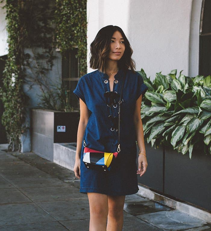 Stephanie's denim mini dress with tie-front detailing