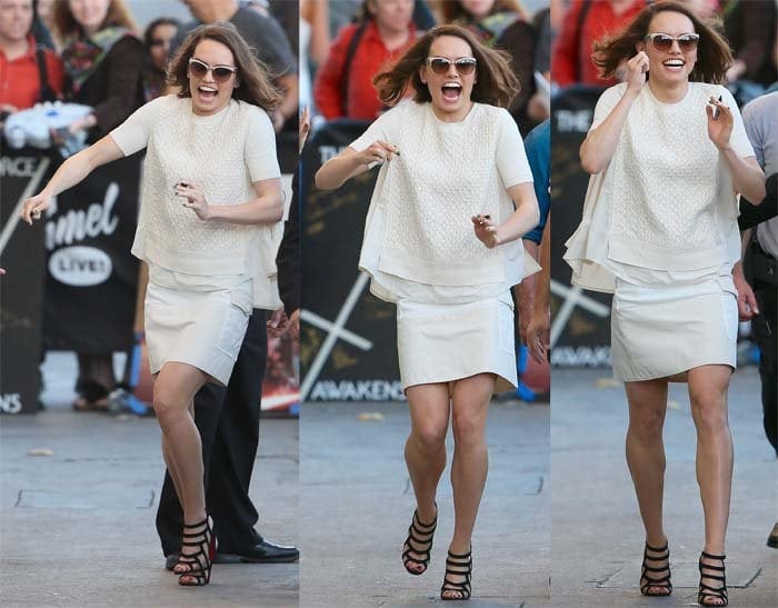 Daisy Ridley wears a cream-colored cargo skirt and chiffon top as she arrives at ABC Studios