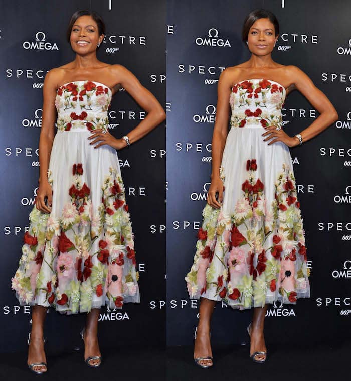 Naomie Harris pairs her Alexander McQueen dress with Giuseppe Zanotti slingback sandals in silver for a photocall in Tokyo