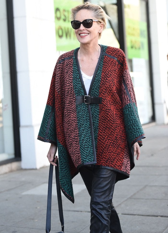 Sharon Stone wears her hair back while rug shopping at Hamilton Oriental Rugs