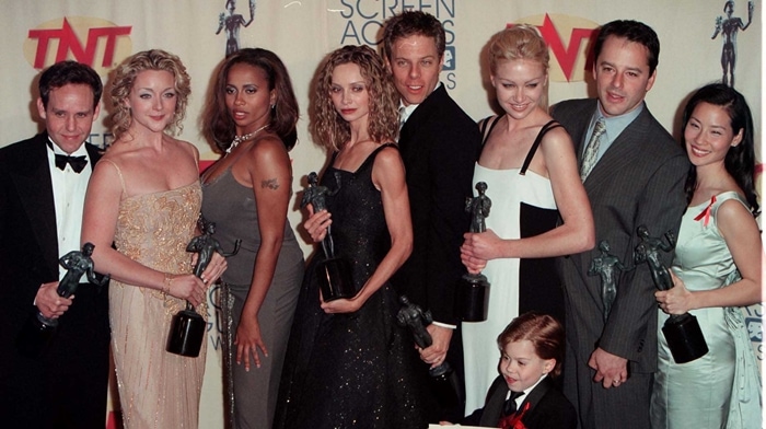 Peter MacNicol, Jane Krakowski, Lisa Nicole Carson, Calista Flockhart, Greg Germann, Portia De Rossi, Gil Bellows, Lucy Liu, and Josh Evans at the 5th Screen Actors Guild Awards