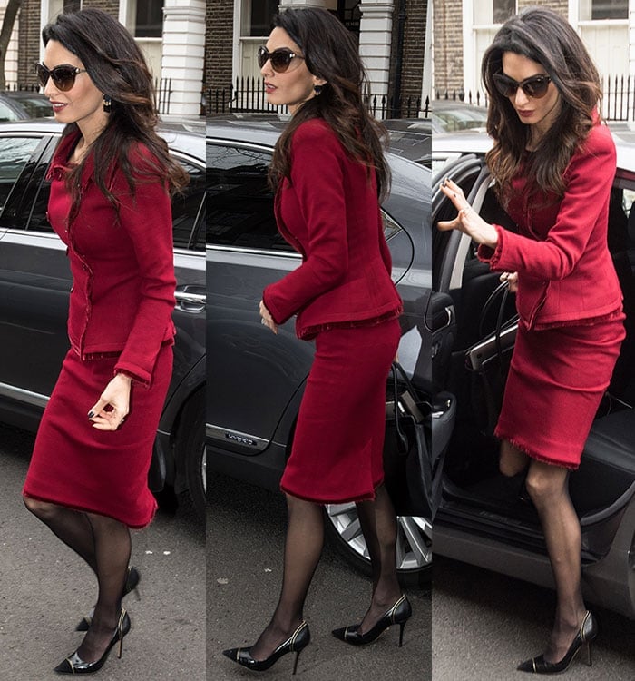 Amal Clooney wears her hair down as she arrives at a press conference in London