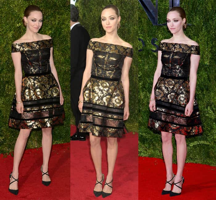Amanda Seyfried opted for a floral jacquard mini dress from Oscar de la Renta's Fall 2015 collection at American Theatre Wing's 69th Annual Tony Awards