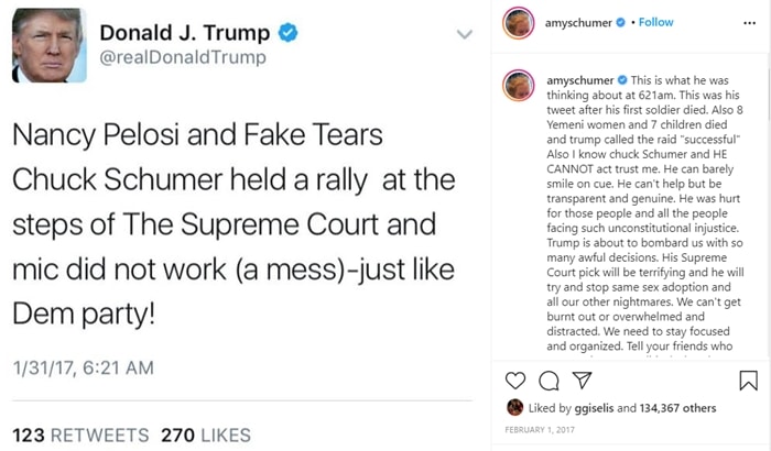 Amy Schumer called out President Donald Trump on Instagram after he criticized her cousin, N.Y. Senator Chuck Schumer