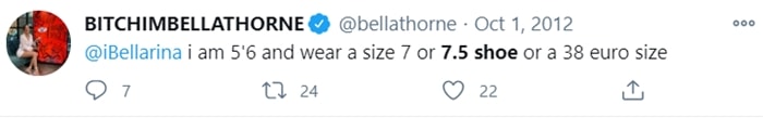 Bella Thorne confirms her height as 5'6" and shares that she wears a US shoe size 7 or 7.5, equivalent to a 38 in Euro sizes, in this 2012 tweet