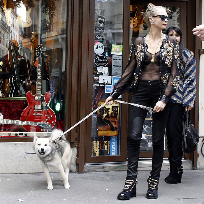 Cara Delevingne wears a see-through mesh top with cat-shaped chest appliqués and  an embellished see-through jacket on a walk through Paris with her dog