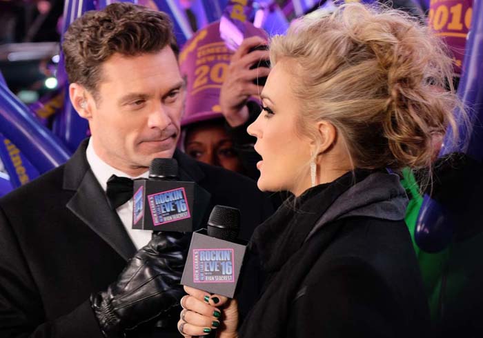 Carrie Underwood participates in an interview during the "Dick Clark's New Year's Rockin' Eve" celebration