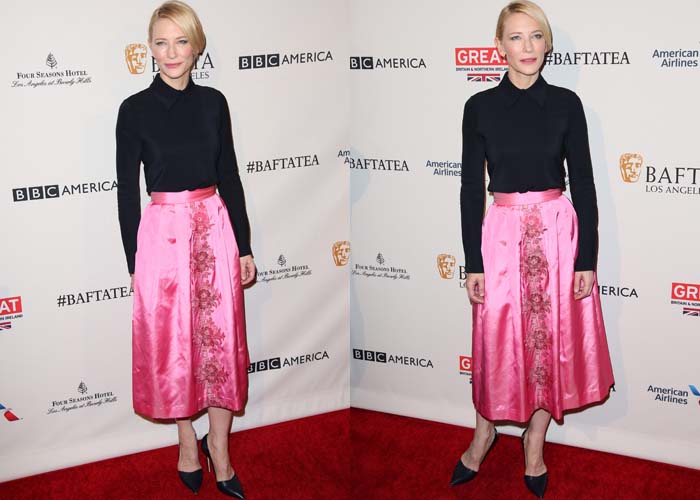 Cate Blanchett wears a Camilla and Marc top with a pink satin midi skirt on the red carpet