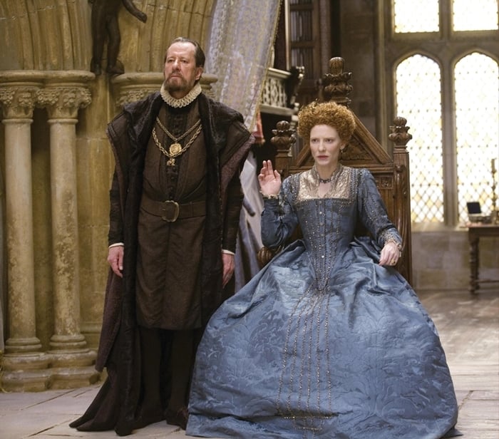 Cate Blanchett as much shorter Queen Elizabeth I of England in Elizabeth and Elizabeth: The Golden Age