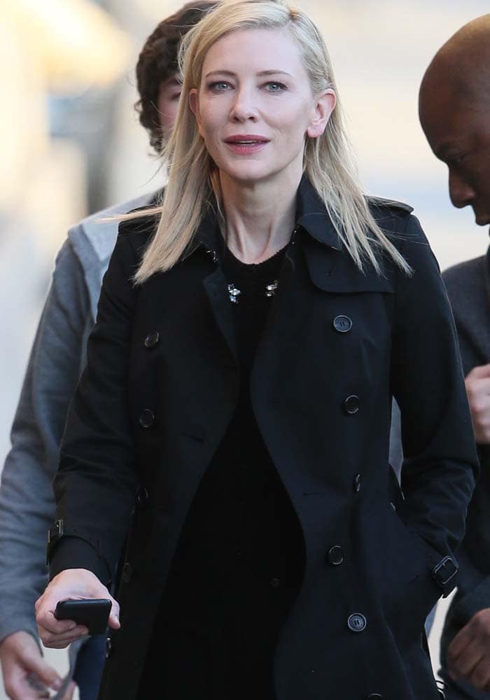 Cate Blanchett is seen arriving at ABC studios for an appearance on "Jimmy Kimmel Live" in January 2016, wearing a chic black Burberry trench coat