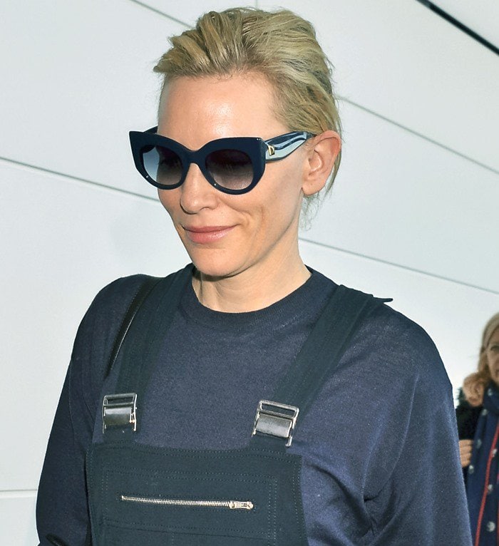 Cate Blanchett wears her hair back as she arrives at Narita International Airport in Chiba, Japan