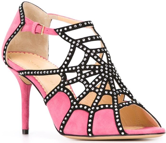 Pink Charlotte Olympia Lotte spider-web suede high heel sandals