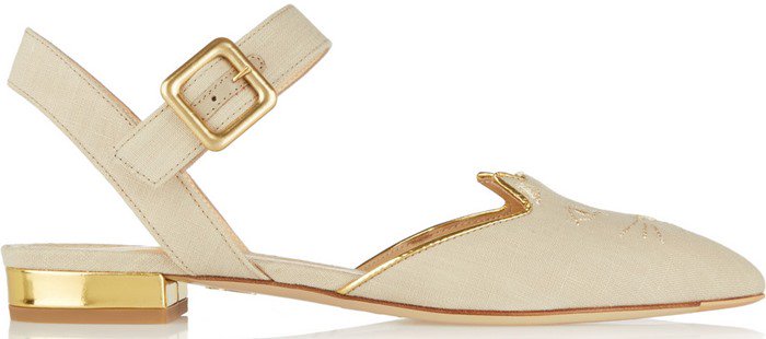 Handcrafted in Italy from ecru canvas, this point-toe pair is accented with glossy gold leather piping and embroidery