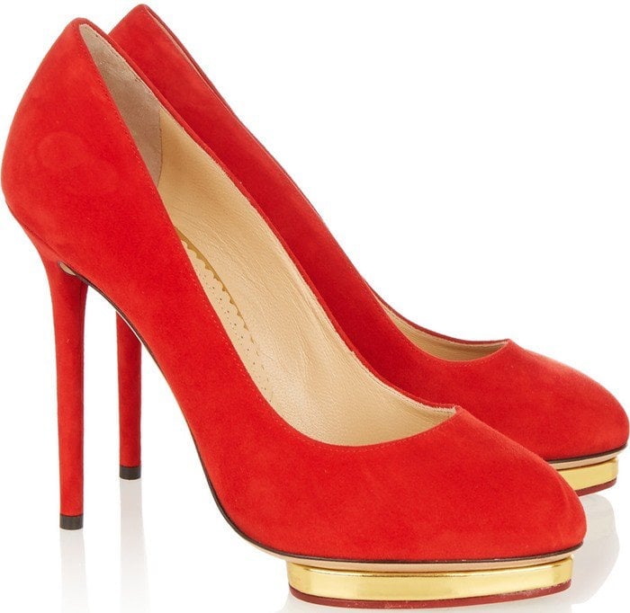 This red suede pair has a flattering round toe and gold island platform to temper the sky-high heel