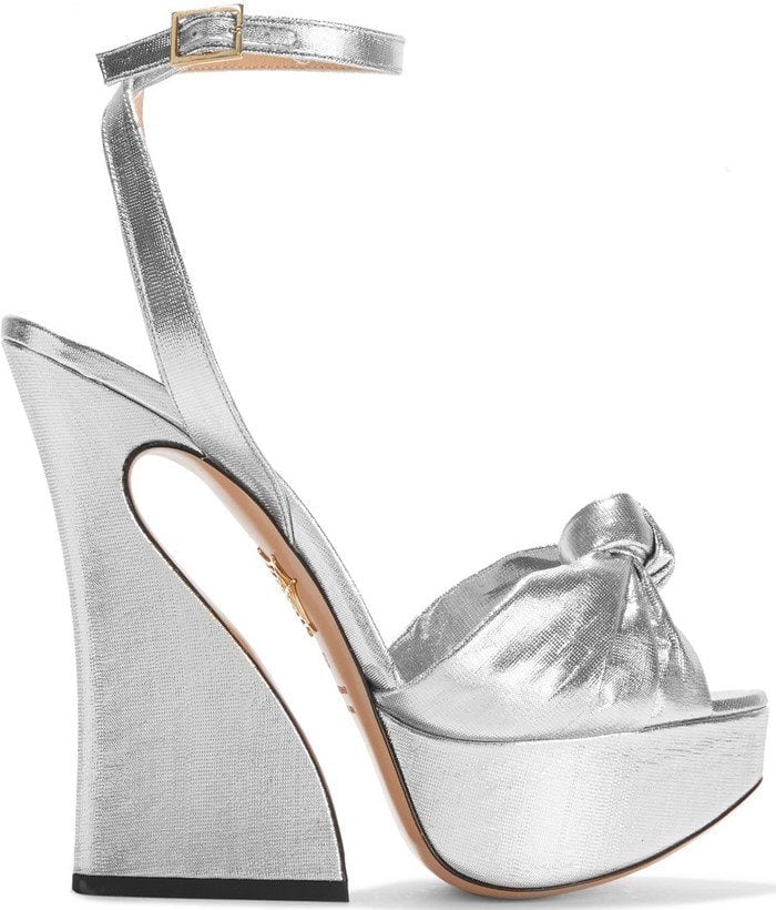 Silver Charlotte Olympia lamé fabric sandal featuring 5.8" curved heel and 1.5" platform