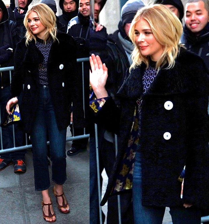 Chloe Grace Moretz waves to fans while doing movie promotions in New York City
