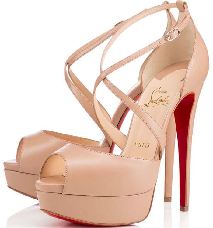 Christian Louboutin "Cross Me" Platform Red Sole Sandal in Nude