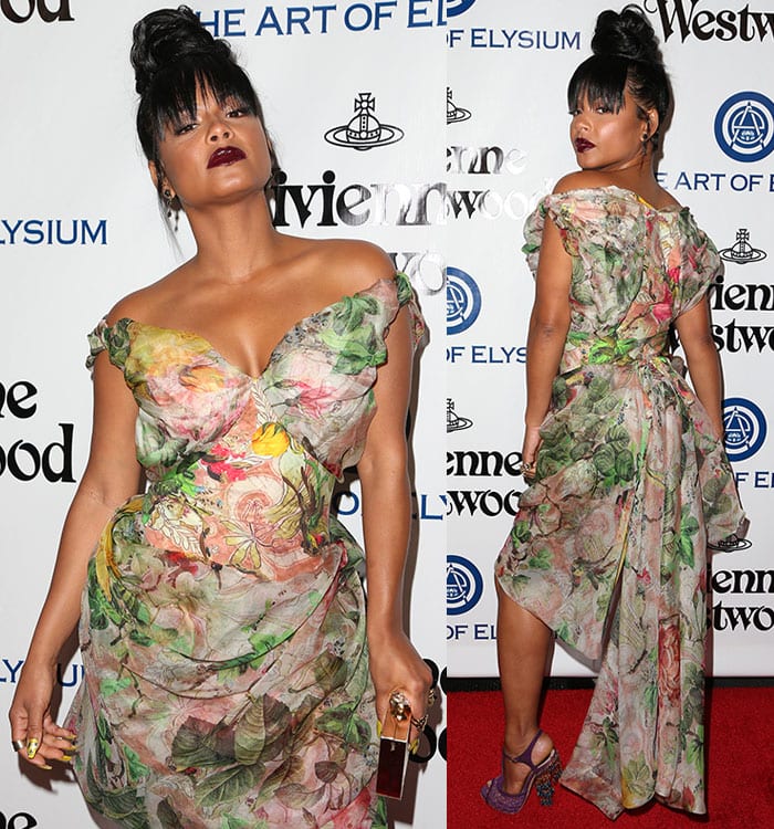 Christina Milian's dress was a bold and colorful choice, with a floral print in shades of pink, blue, and yellow