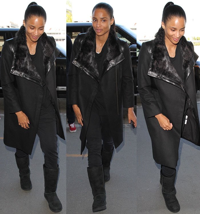 Ciara wears classic black tall UGG boots at Los Angeles International (LAX) Airport