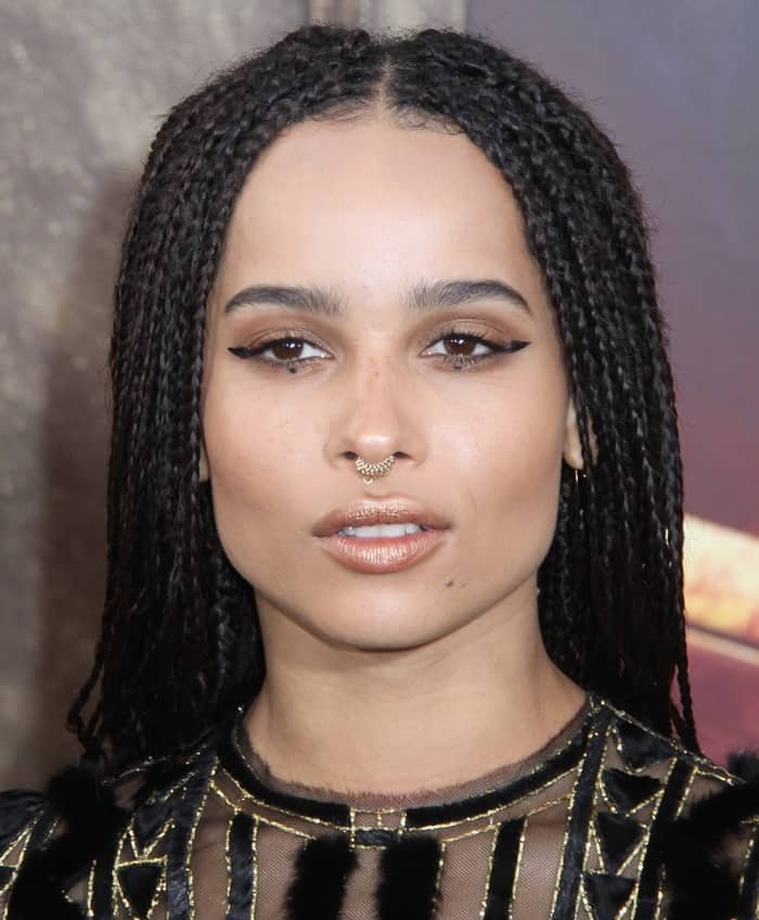 Zoë Kravitz showcases her striking beauty with a statement septum ring and sleek braided hairstyle, perfectly accentuating her bold winged eyeliner and glowing complexion