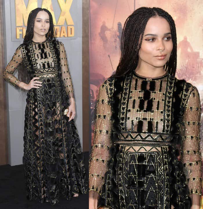 Zoë Kravitz stuns in a sheer, intricately patterned gown paired with a bold septum ring, effortlessly blending bohemian elegance with edgy flair at the 'Mad Max: Fury Road' premiere