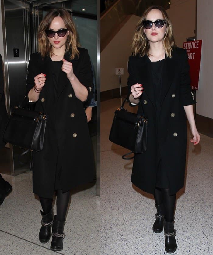 Dakota Johnson wears a Gucci bird embroidery wool overcoat with Steve Madden's studded ankle boots at the Los Angeles International Airport