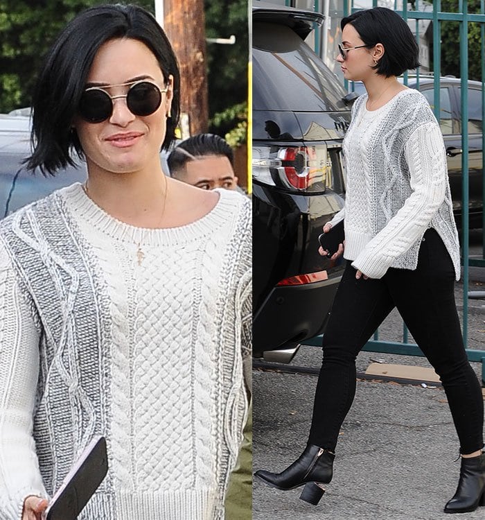 Demi Lovato wears a Derek Lam 10 Crosby sweater while out in Los Angeles for lunch