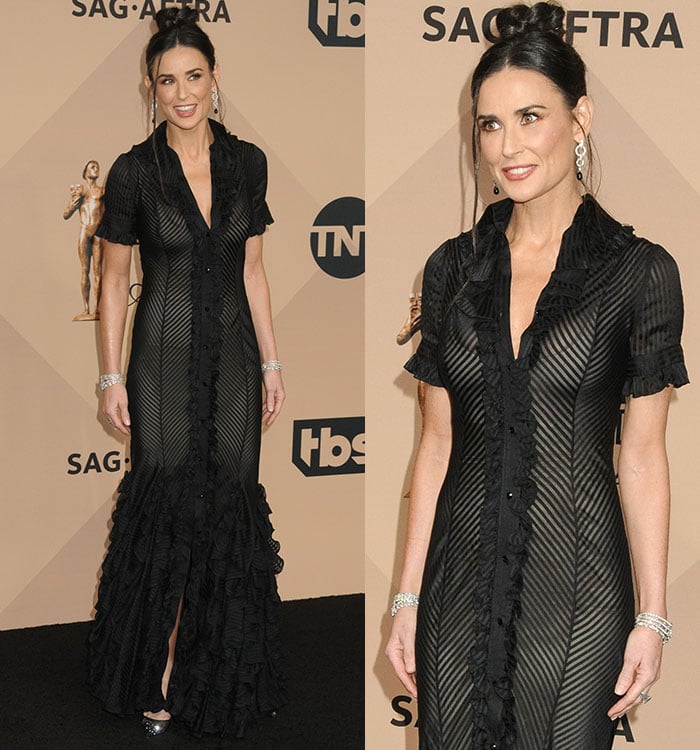 Demi Moore stuns in a bespoke black Zac Posen gown at the SAG Awards, turning heads with her timeless style