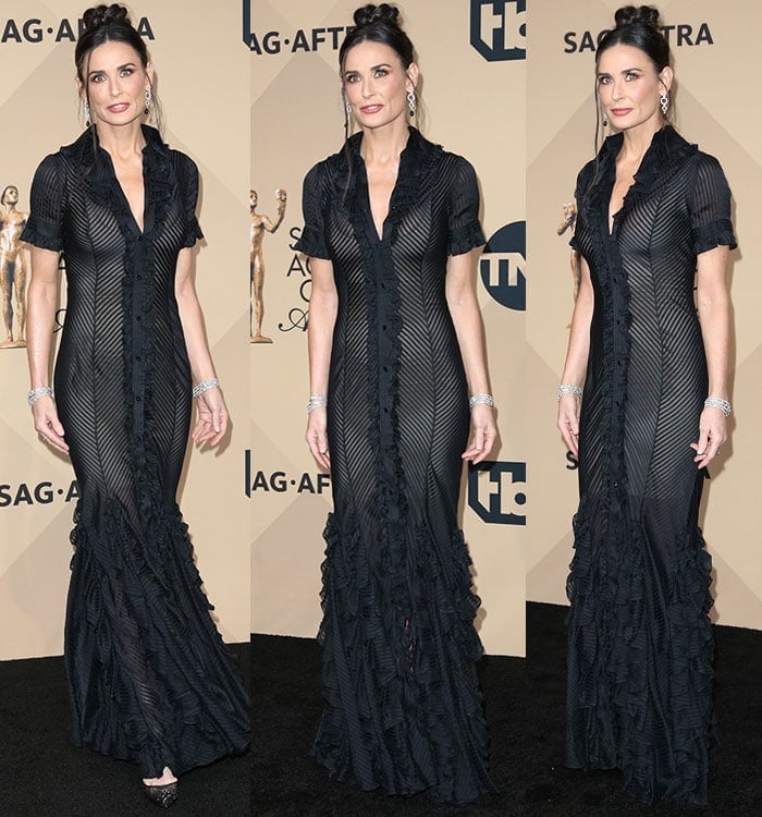 Demi Moore wears a vintage Zac Posen gown on the black carpet of the SAG Awards