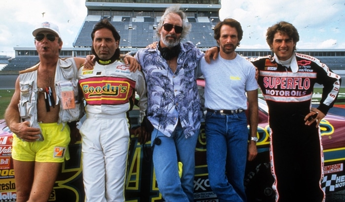 Director Tony Scott, Don Simpson, Robert Towne, Jerry Bruckheimer, and Tom Cruise on the set of Days of Thunder (1990)