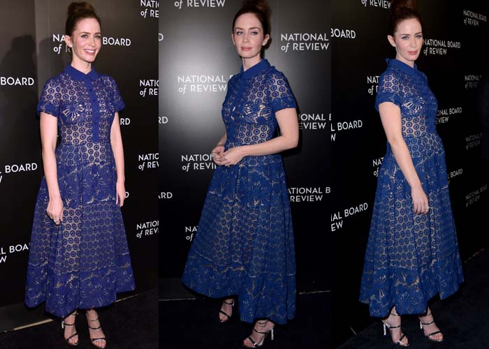 Emily Blunt, who measures 5' 7" (170 cm) without heels, wears a vibrant blue two-piece Elie Saab dress