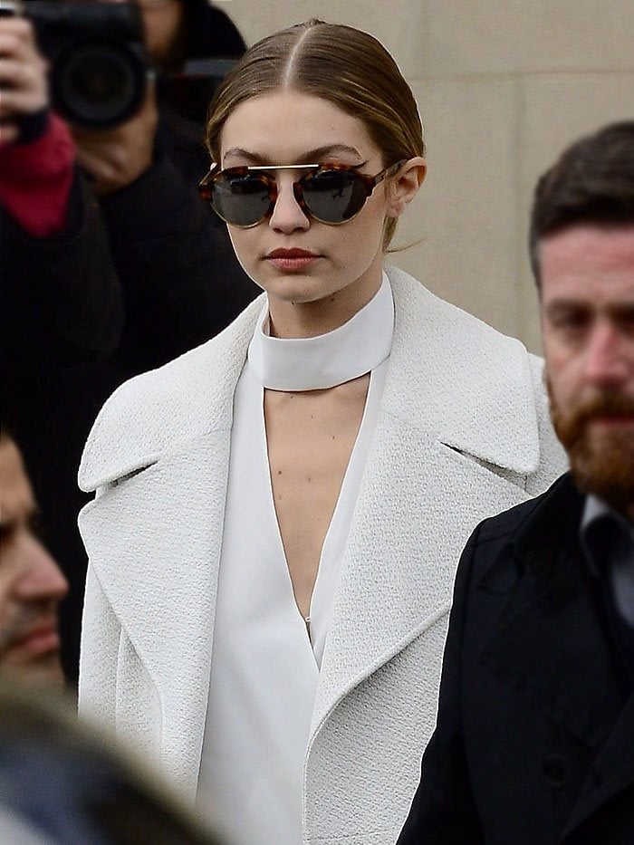 Gigi Hadid wears her hair in a low bun at the Chanel haute couture spring/summer 2016 fashion show