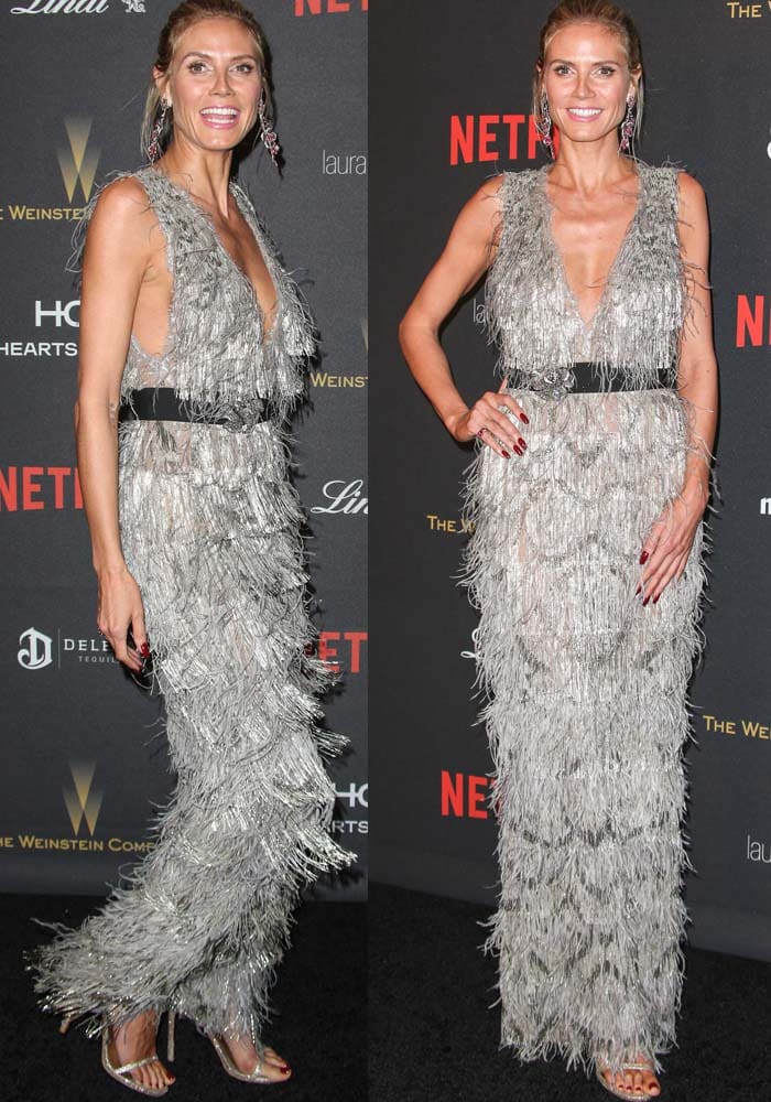 Heidi Klum keeps things fun in a fringe-covered Marchesa dress