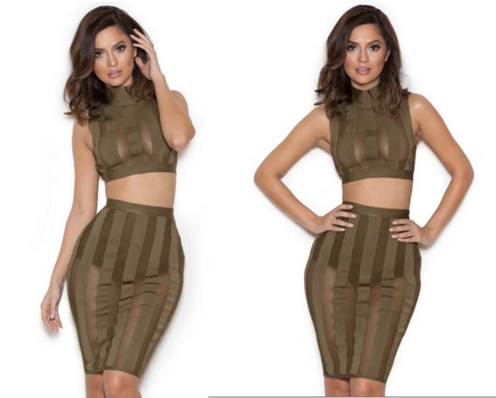 House of CB "Rodrigo" Khaki Bandage And Mesh 3 Piece Set