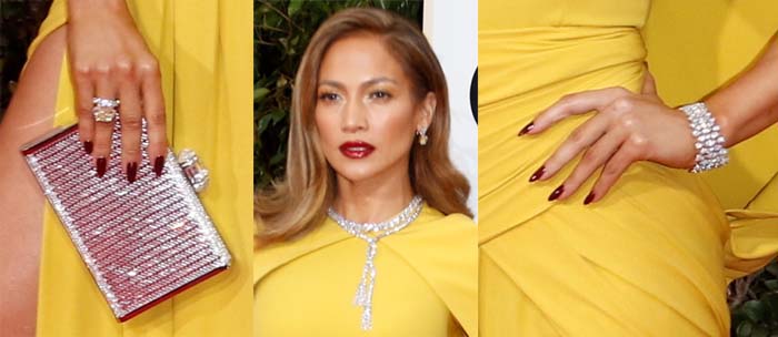 Jennifer Lopez carries a sparkling clutch and wears dozens of Harry Winston jewels