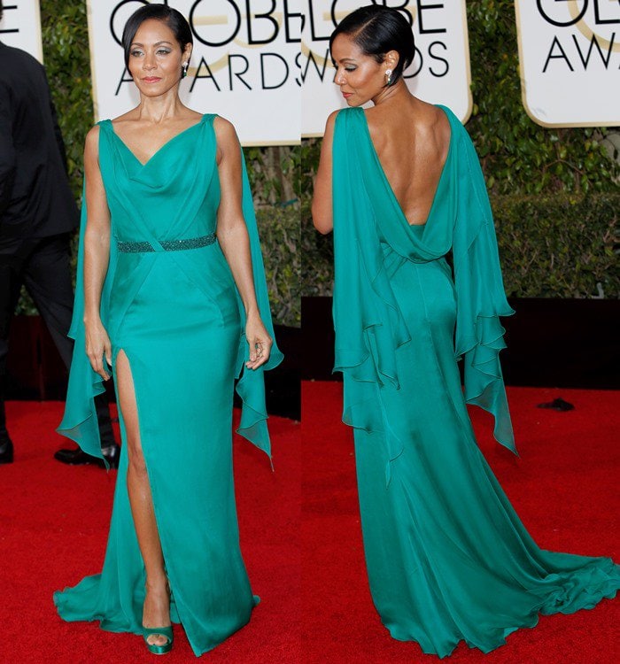 Jada Pinkett Smith matches her green Atelier Versace gown to a pair of emerald satin Jimmy Choo sandals