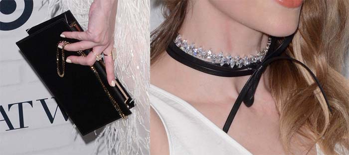 Jaime King's black clutch and Fallon Jewelry chokers