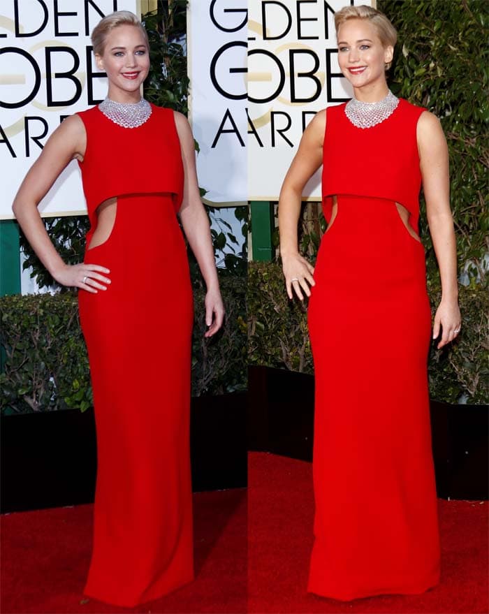 Jennifer Lawrence stunned in a red Christian Dior gown styled with matching Roger Vivier shoes