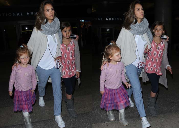 Jessica Alba and her daughters arrive at Los Angeles International Airport