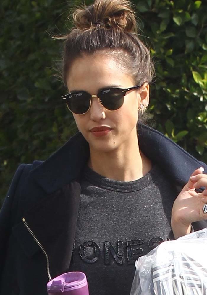 Jessica Alba wears her hair up as she shops for homewares and runs errands in Beverly Hills