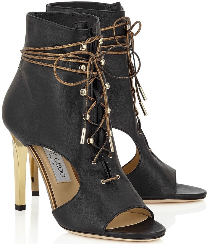 Jimmy Choo Minka Black Soft Leather and Honey Gold Mirror Leather Shoe Booties