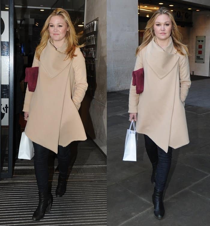 Julia Stiles wears a beautiful coat outside the BBC Studios