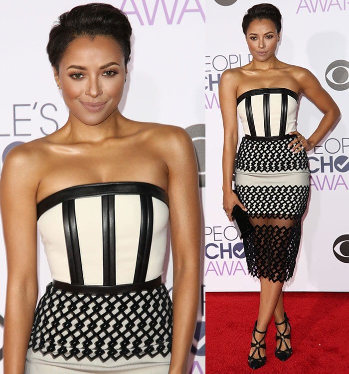 Kat Graham wears a pair of strappy pumps with her David Koma dress